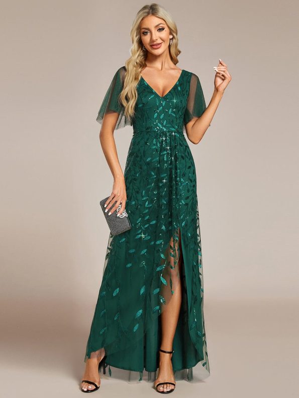 Short Sleeves Sequin High Low V-Neck Midi Formal Evening Dress - Dark Green