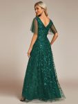 Short Sleeves Sequin High Low V-Neck Midi Formal Evening Dress – Dark Green