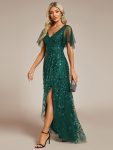 Short Sleeves Sequin High Low V-Neck Midi Formal Evening Dress – Dark Green