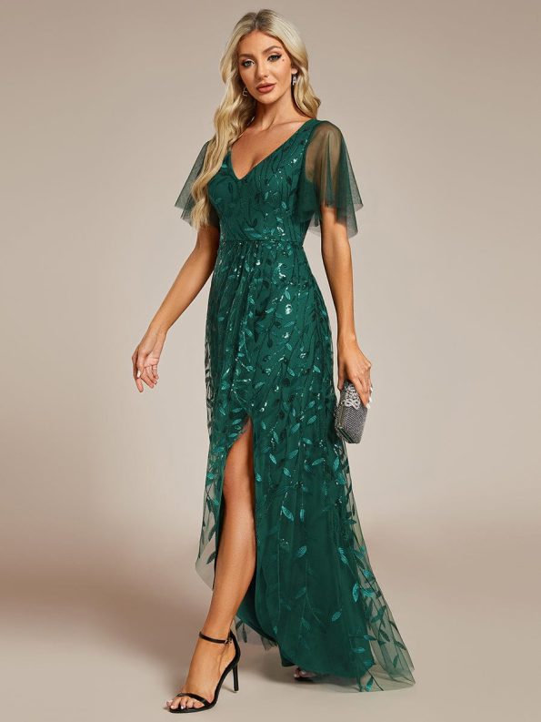 Short Sleeves Sequin High Low V-Neck Midi Formal Evening Dress - Dark Green