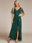 Short Sleeves Sequin High Low V-Neck Midi Formal Evening Dress – Dark Green