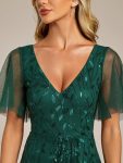 Short Sleeves Sequin High Low V-Neck Midi Formal Evening Dress – Dark Green