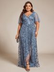 Plus Size Short Sleeves Sequin High Low V-Neck Midi Formal Evening Dress – Dusty Navy