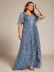 Plus Size Short Sleeves Sequin High Low V-Neck Midi Formal Evening Dress – Dusty Navy