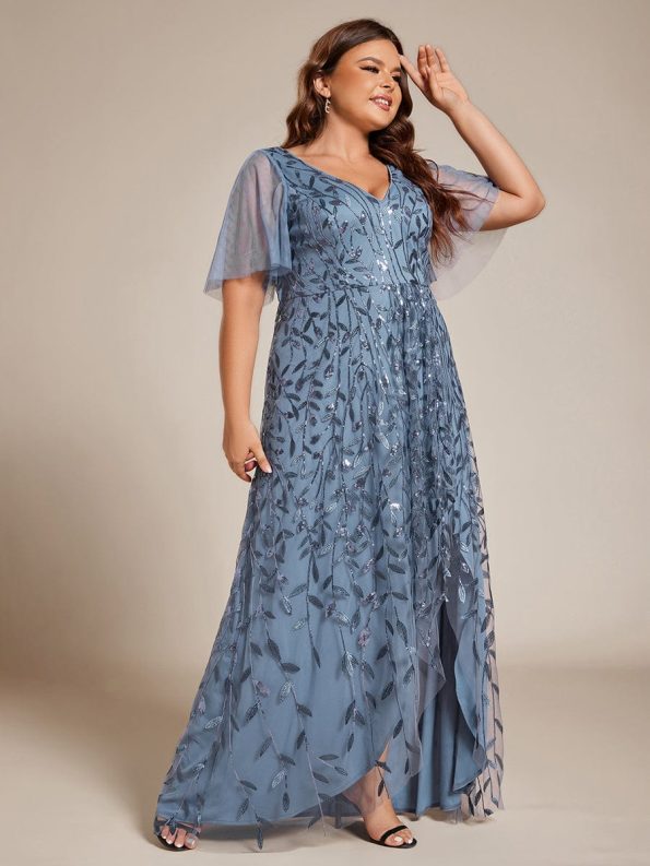 Plus Size Short Sleeves Sequin High Low V-Neck Midi Formal Evening Dress - Dusty Navy