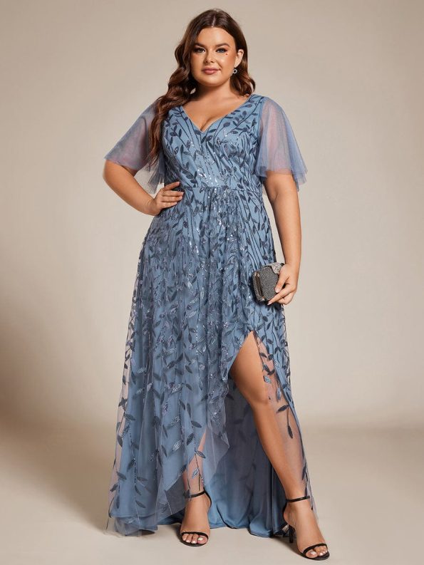 Short Sleeves Sequin High Low V-Neck Midi Formal Evening Dress - Dusty Navy