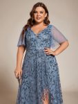 Plus Size Short Sleeves Sequin High Low V-Neck Midi Formal Evening Dress – Dusty Navy