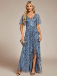 Short Sleeves Sequin High Low V-Neck Midi Formal Evening Dress – Dusty Navy