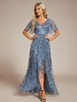 Short Sleeves Sequin High Low V-Neck Midi Formal Evening Dress – Dusty Navy