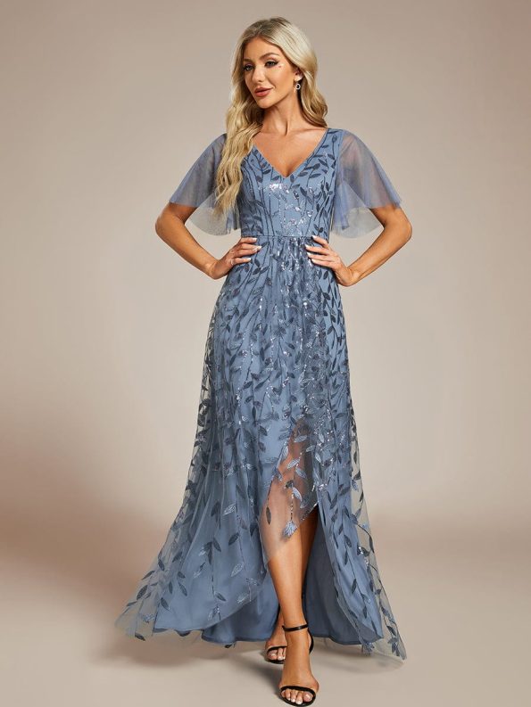 Short Sleeves Sequin High Low V-Neck Midi Formal Evening Dress - Dusty Navy