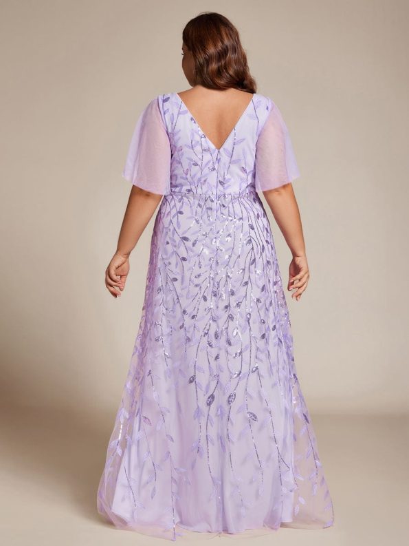 Short Sleeves Sequin High Low V-Neck Midi Formal Evening Dress - Lavender