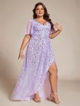 Plus Size Short Sleeves Sequin High Low V-Neck Midi Formal Evening Dress – Lavender