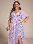 Plus Size Short Sleeves Sequin High Low V-Neck Midi Formal Evening Dress – Lavender