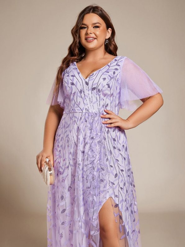 Plus Size Short Sleeves Sequin High Low V-Neck Midi Formal Evening Dress - Lavender