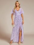 Short Sleeves Sequin High Low V-Neck Midi Formal Evening Dress – Lavender