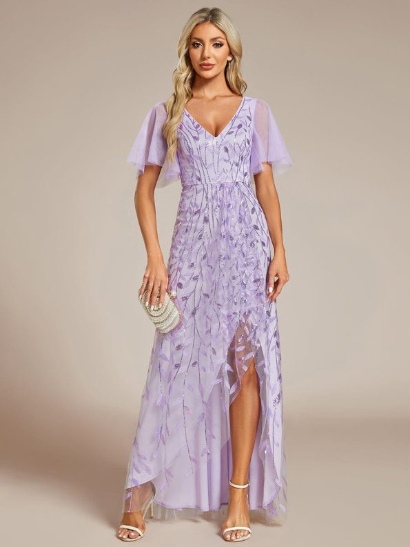 Short Sleeves Sequin High Low V-Neck Midi Formal Evening Dress - Lavender