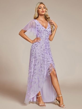 Short Sleeves Sequin High Low V-Neck Midi Formal Evening Dress - Lavender