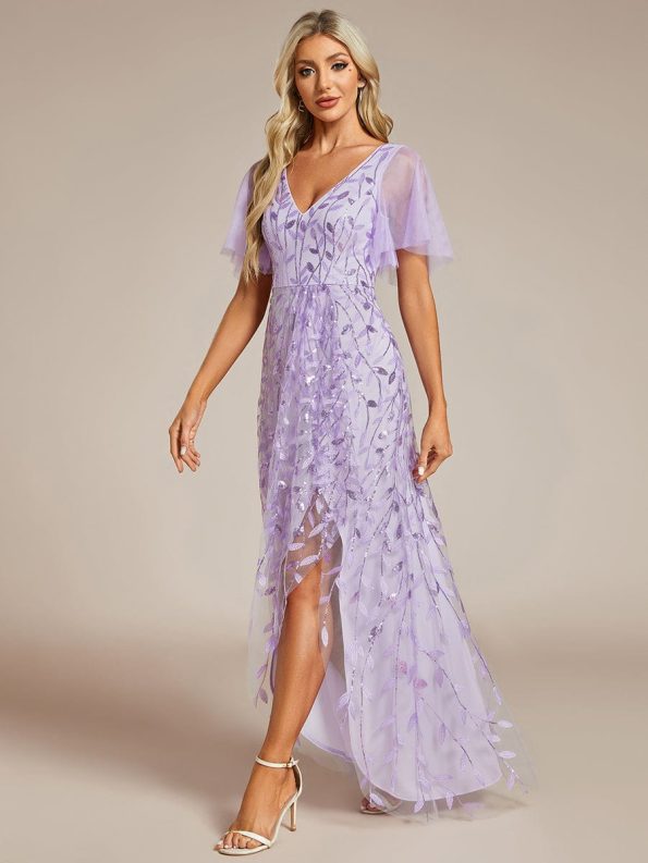 Short Sleeves Sequin High Low V-Neck Midi Formal Evening Dress - Lavender