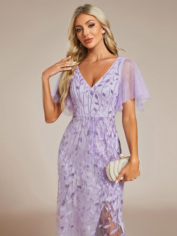 Short Sleeves Sequin High Low V-Neck Midi Formal Evening Dress - Lavender