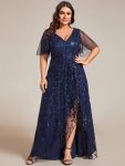 Plus Size Short Sleeves Sequin High Low V-Neck Midi Formal Evening Dress - Navy Blue