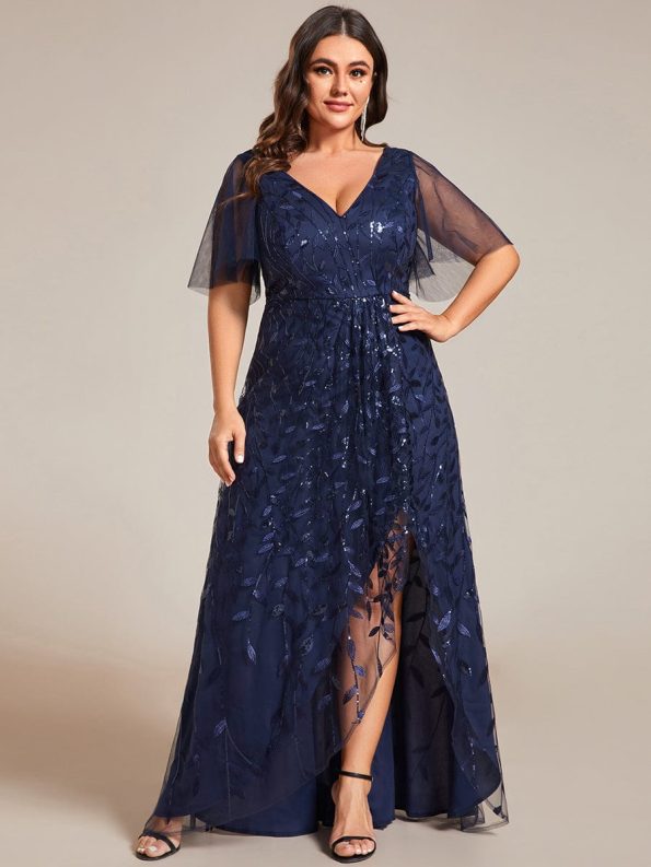 Plus Size Short Sleeves Sequin High Low V-Neck Midi Formal Evening Dress - Navy Blue