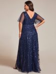 Plus Size Short Sleeves Sequin High Low V-Neck Midi Formal Evening Dress – Navy Blue