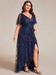 Plus Size Short Sleeves Sequin High Low V-Neck Midi Formal Evening Dress – Navy Blue