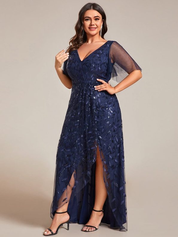 Plus Size Short Sleeves Sequin High Low V-Neck Midi Formal Evening Dress - Navy Blue