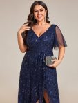 Plus Size Short Sleeves Sequin High Low V-Neck Midi Formal Evening Dress – Navy Blue