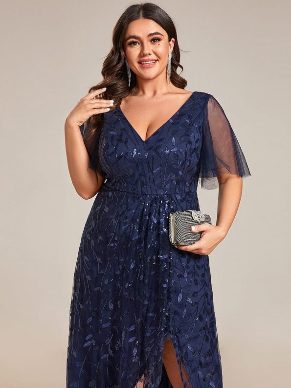 Plus Size Short Sleeves Sequin High Low V-Neck Midi Formal Evening Dress - Navy Blue