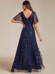 Short Sleeves Sequin High Low V-Neck Midi Formal Evening Dress – Navy Blue