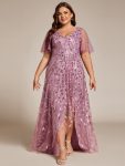 Plus Size Short Sleeves Sequin High Low V-Neck Midi Formal Evening Dress – Purple Orchid