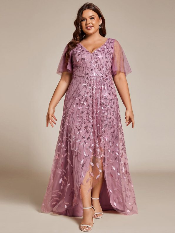 Plus Size Short Sleeves Sequin High Low V-Neck Midi Formal Evening Dress - Purple Orchid