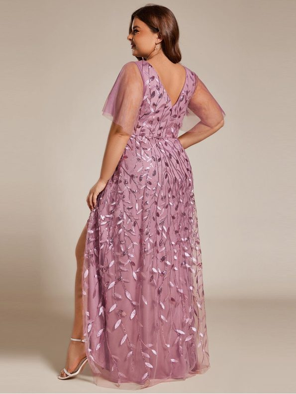 Short Sleeves Sequin High Low V-Neck Midi Formal Evening Dress - Purple Orchid