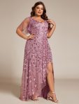 Short Sleeves Sequin High Low V-Neck Midi Formal Evening Dress – Purple Orchid