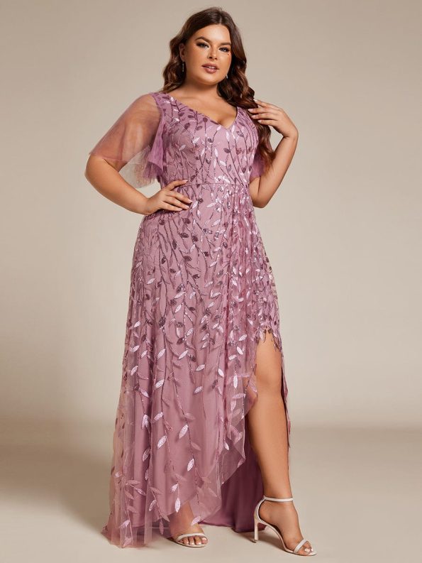 Short Sleeves Sequin High Low V-Neck Midi Formal Evening Dress - Purple Orchid