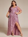 Plus Size Short Sleeves Sequin High Low V-Neck Midi Formal Evening Dress – Purple Orchid