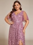 Short Sleeves Sequin High Low V-Neck Midi Formal Evening Dress – Purple Orchid