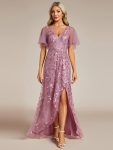 Short Sleeves Sequin High Low V-Neck Midi Formal Evening Dress – Purple Orchid