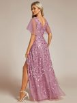 Short Sleeves Sequin High Low V-Neck Midi Formal Evening Dress – Purple Orchid