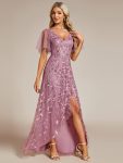 Short Sleeves Sequin High Low V-Neck Midi Formal Evening Dress – Purple Orchid