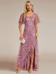 Short Sleeves Sequin High Low V-Neck Midi Formal Evening Dress - Purple Orchid