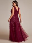 V-Neck Leaf Sequin Sleeveless A-Line Formal Evening Dress with Tulle – Burgundy