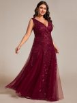 V-Neck Leaf Sequin Sleeveless A-Line Formal Evening Dress with Tulle – Burgundy