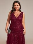 V-Neck Leaf Sequin Sleeveless A-Line Formal Evening Dress with Tulle – Burgundy