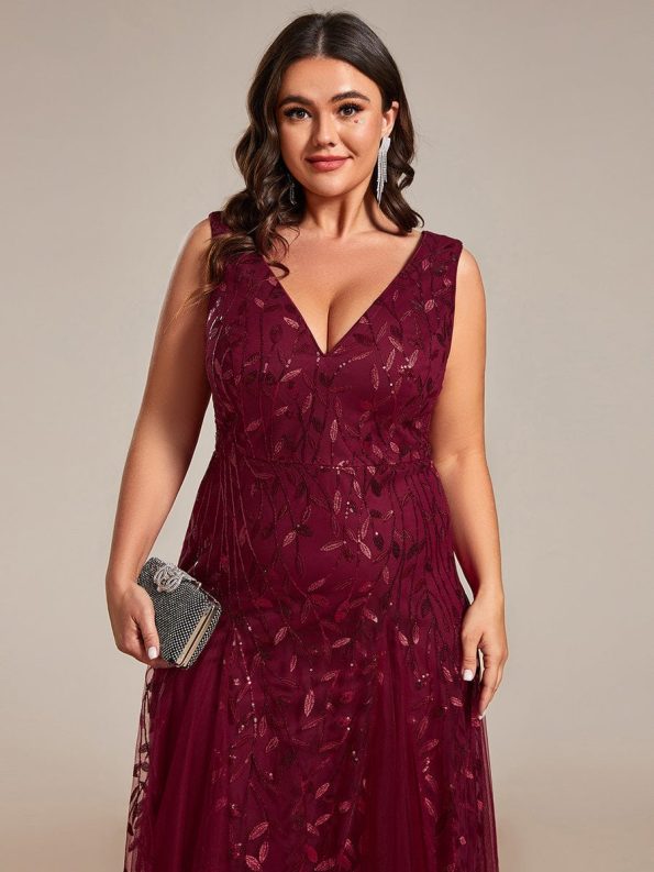 V-Neck Leaf Sequin Sleeveless A-Line Formal Evening Dress with Tulle - Burgundy