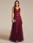 V-Neck Leaf Sequin Sleeveless A-Line Formal Evening Dress with Tulle – Burgundy