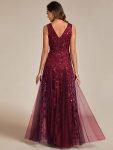 V-Neck Leaf Sequin Sleeveless A-Line Formal Evening Dress with Tulle – Burgundy