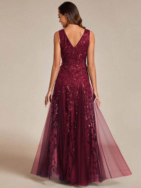 V-Neck Leaf Sequin Sleeveless A-Line Formal Evening Dress with Tulle - Burgundy