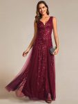 V-Neck Leaf Sequin Sleeveless A-Line Formal Evening Dress with Tulle – Burgundy